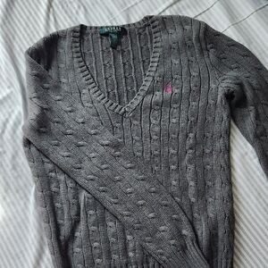 Vintage Ralph Lauren Women's Cotton Cable V-Neck Sweater Gray XS